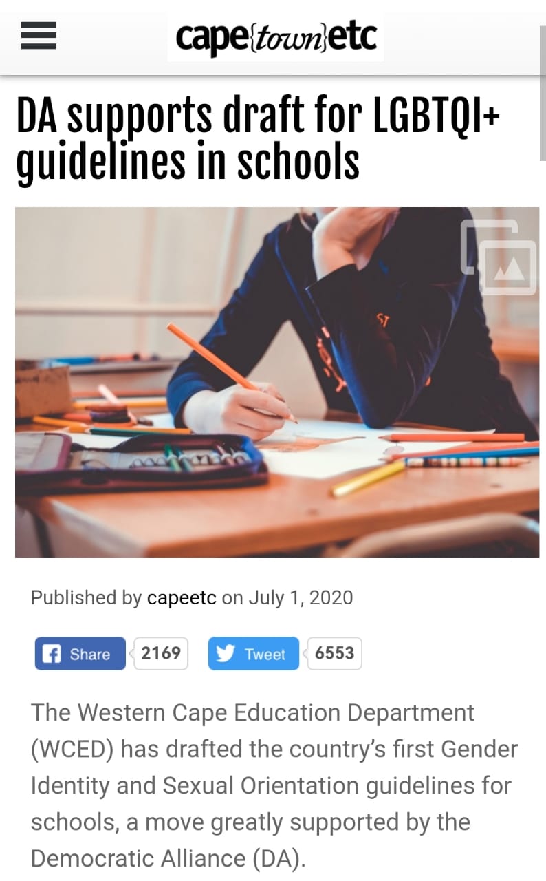 DA ondersteun LGBTIQ Riglyne vir Weskaap onderwys